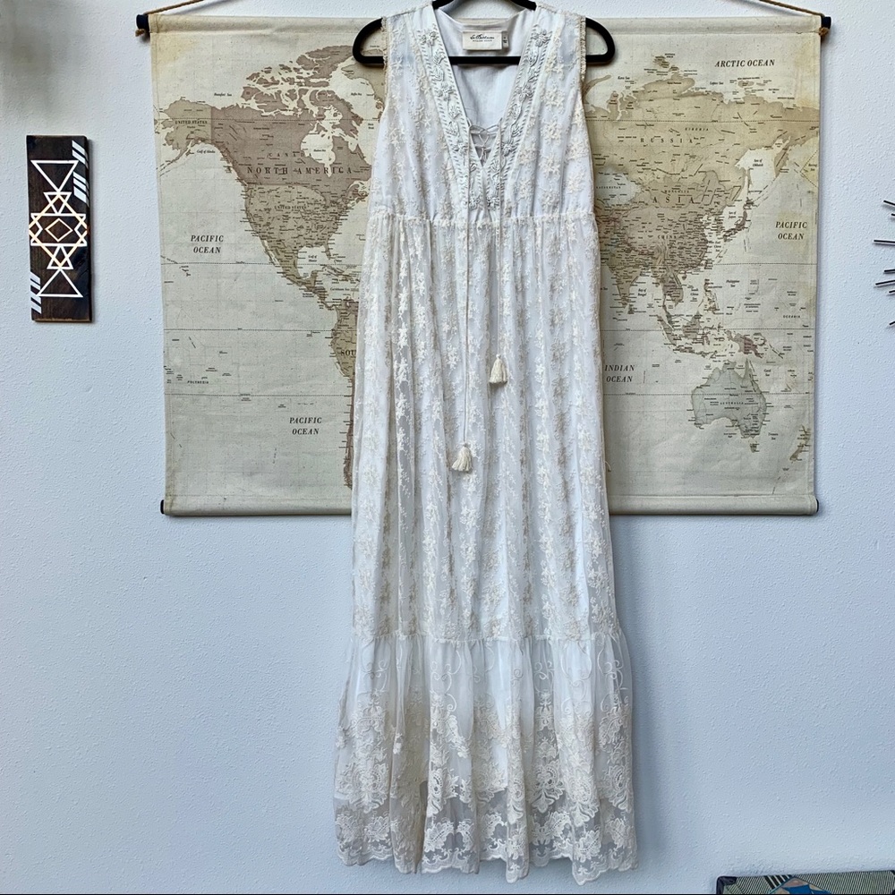 LaBellum by Hillary Scott beaded white lace maxi
